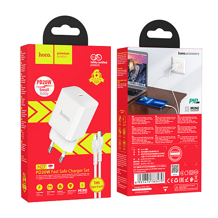Сетевое зарядное устройство, 1 PD 20W (N27), HOCO, Type-C to Lightning, белый