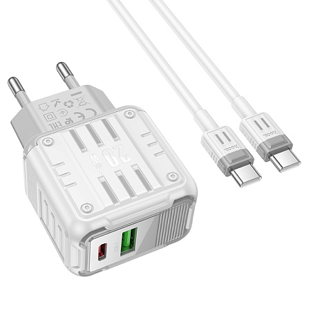 Сетевое зарядное устройство, 1 PD 20W + 1 USB 3.0 QC (C135A), HOCO, Type-C to Type-C, белый