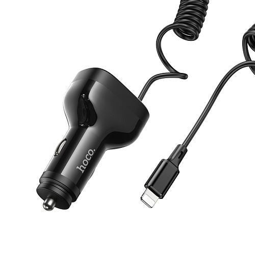 Автомобильное зарядное устройство, 2 USB QC3.0 18W, 1 PD 30W (NZ11A), HOCO, кабель Lightning, черный