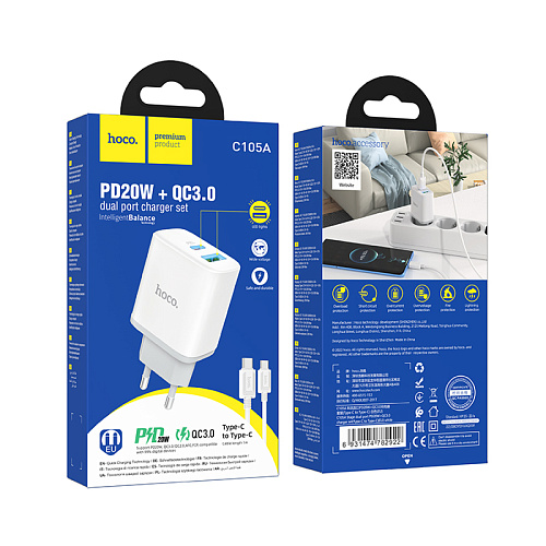 Сетевое зарядное устройство, 1 PD 20W + 1 USB 3.0 QC (C105A), HOCO, Type-C to Type-C, белый