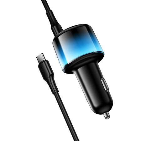 Автомобильное зарядное устройство, 1 USB 5V/2.4A + 2 PD 25W (Z69A), HOCO, кабель Type-C to Type-C, с дисплеем, черный