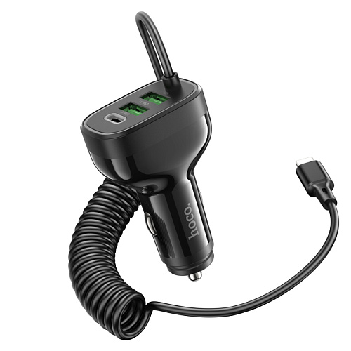 Автомобильное зарядное устройство, 2 USB QC3.0 18W, 1 PD 30W (NZ11A), HOCO, кабель Lightning, черный