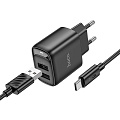 Сетевое зарядное устройство, 2 USB 2.1A (C141A), HOCO, Type-C, черный