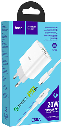 Сетевое зарядное устройство, 1 PD 20W + 1 USB 3.0 QC (C80A), HOCO, Type-C to Lightning, белый