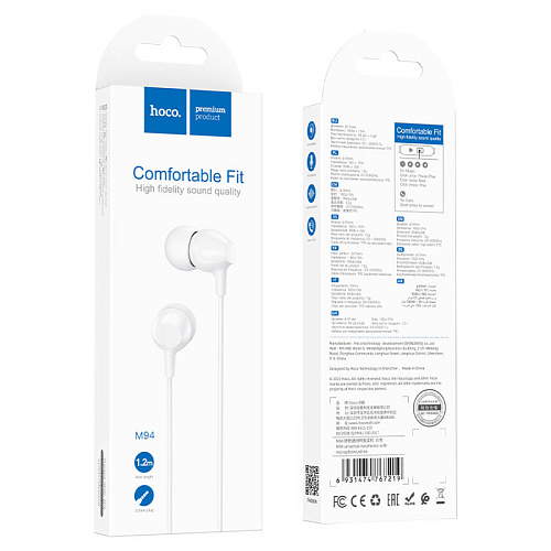 Проводные наушники M94, Universal earphones with microphone, HOCO, вакуумные, белые