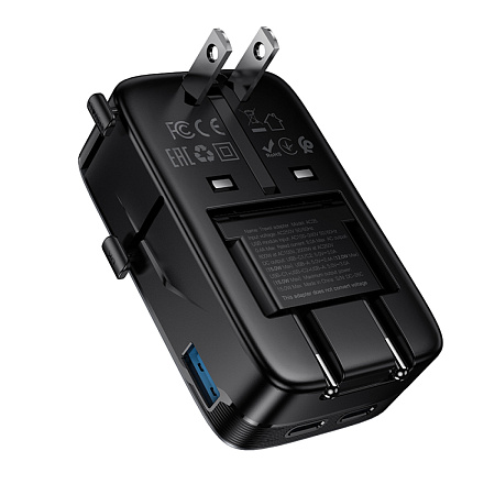 Переходник на розетку (все виды), 2 PD+1 USB, AC35, HOCO, черный