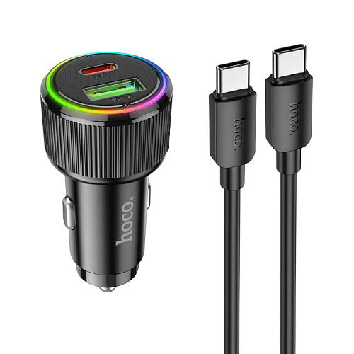 Автомобильное зарядное устройство, 1 USB QC3.0 18W, 1 PD 20W (NZ14A), HOCO, кабель Type-С to Type-С, черный