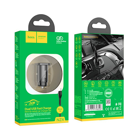 Автомобильное зарядное устройство, 2 USB 2.4A (NZ4), usb cable micro, HOCO, черный