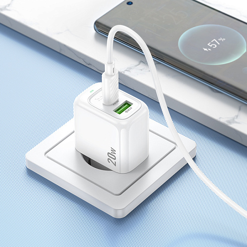 Сетевое зарядное устройство, 1 USB 3.0 QC+1 PD 20W (CS54A), HOCO, белый