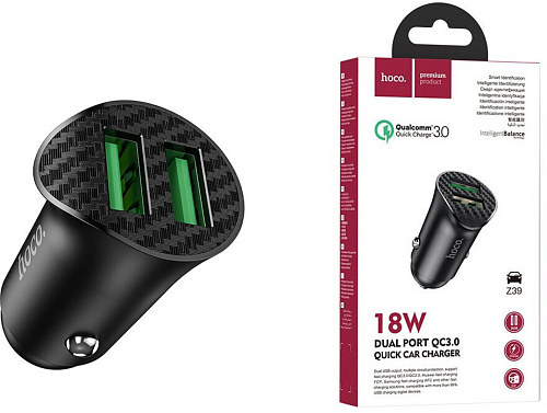 Автомобильное зарядное устройство, 2 USB 3.0 QC (Z39), 18W, HOCO, черный