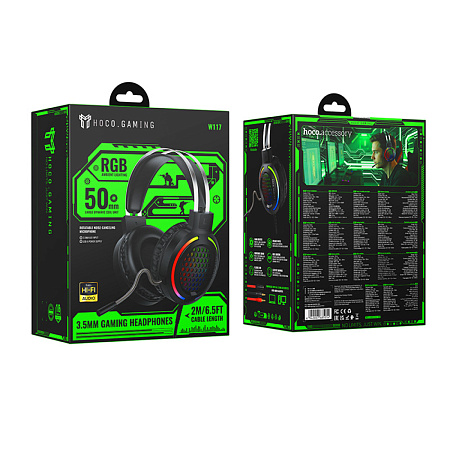 Проводные наушники W117, HOCO, подключение USB-A+3.5 мм, игровые с микрофоном, черный