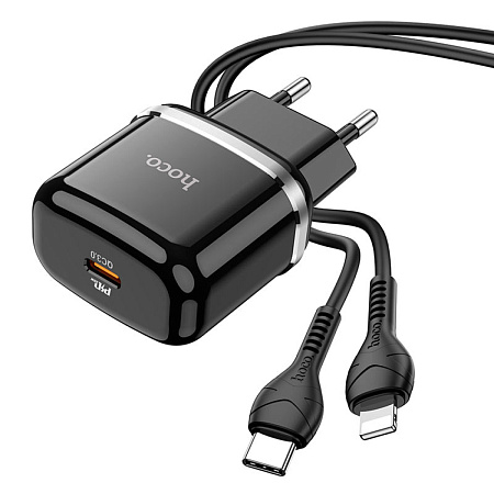 Сетевое зарядное устройство, 1 PD 20W + 1 USB 3.0 QC (N24), HOCO, Type-C to Lightning, черный