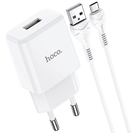 Сетевое зарядное устройство, 1 USB 2.1A (N9), HOCO, Micro, Fast Charge, Безопасный сертификат, белый