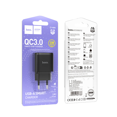Сетевое зарядное устройство, 1 USB 3.0 QC (C140A), HOCO, черный