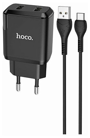 Сетевое зарядное устройство, 2 USB 2.1A 10.5W (N7), HOCO, Type-C, Умная зарядка, черный