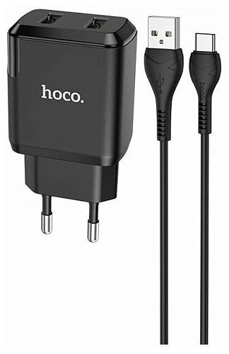 Сетевое зарядное устройство, 2 USB 2.1A 10.5W (N7), HOCO, Type-C, Умная зарядка, черный