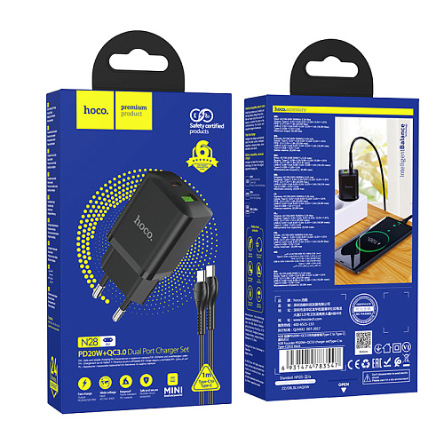 Сетевое зарядное устройство, 1 PD 18W + 1 USB 3.0 QC (N28), HOCO, Type-C to Type-C, черный