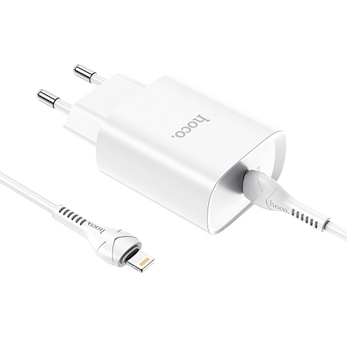 Сетевое зарядное устройство, 1 PD 20W + 1 USB 3.0 QC (N14), HOCO, Type-C to Lightning, Умная зарядка, белый