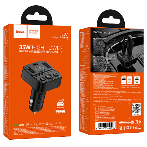 Bluetooth FM модулятор, E87, HOCO, 1 USB QC3.0+1 PD (20Вт)+1 USB 5V/0.5A, черный
