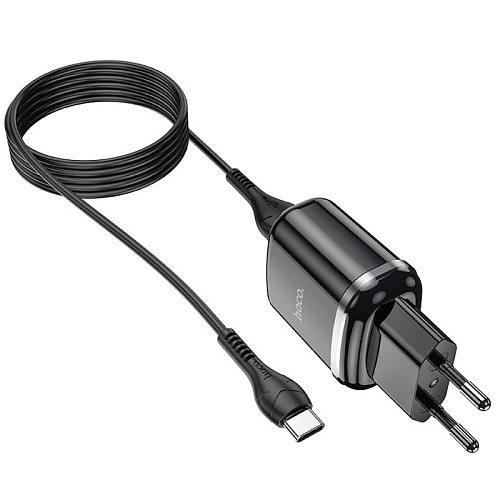 Сетевое зарядное устройство, 2 USB 2.4A 12W (N4), HOCO, Type-C, Умная зарядка, черный