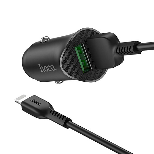 Автомобильное зарядное устройство, 2 USB 3.0 QC (Z39), 18W, HOCO, кабель lightning, черный
