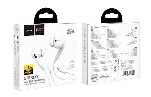 Проводные наушники M1 Pro, Lightning, HOCO, вакуумные с микрофоном, белые