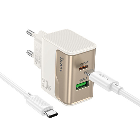 Сетевое зарядное устройство, 1 PD 20W + 1 USB 3.0 QC (CS71A), HOCO, Type-C to Type-C, белый