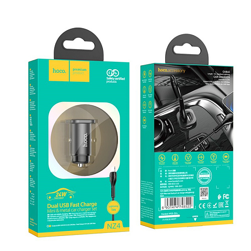 Автомобильное зарядное устройство, 2 USB 2.4A (NZ4), usb cable lightning, HOCO, черный
