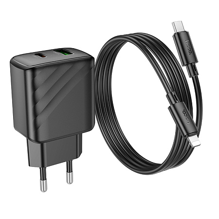 Сетевое зарядное устройство, 1 PD 30W + 1 USB 3.0 QC (CS23A), HOCO, Type-C to Lightning, черный