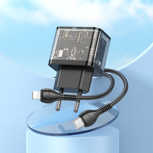 Сетевое зарядное устройство, 1 PD 20W + 1 USB 3.0 QC (N34), HOCO, Type-C to Lightning, прозрачный черный