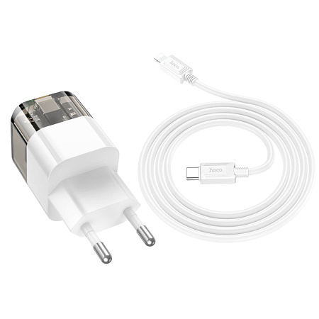 Сетевое зарядное устройство, 1 PD 30W + 1 USB 3.0 QC (C131A), HOCO, Type-C to Lightning, прозрачный с черным