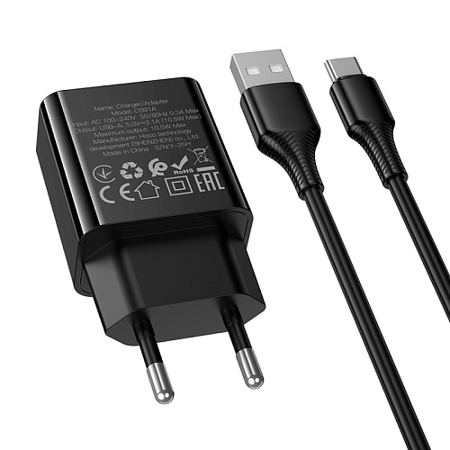 Сетевое зарядное устройство, 1 USB 2.1A (CS91A), HOCO, Type-C, черный