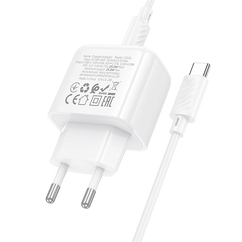 Сетевое зарядное устройство, 1 PD 25W (CS53A), HOCO, Type-C to Type-C, белый