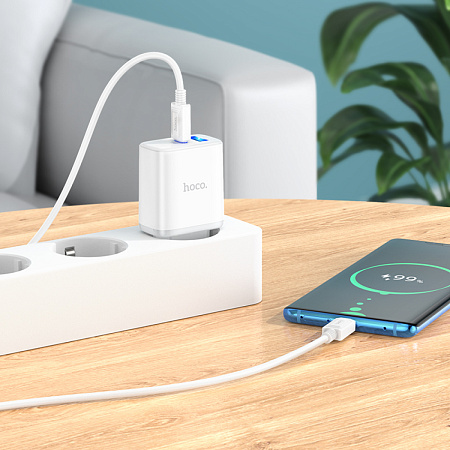 Сетевое зарядное устройство, 1 PD 20W + 1 USB 3.0 QC (C105A), HOCO, Type-C to Type-C, белый