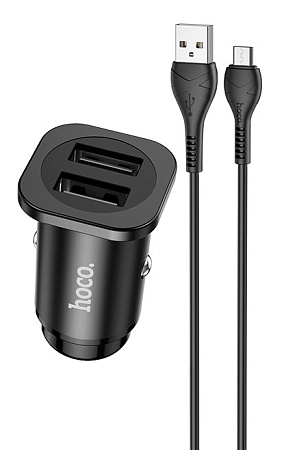 Автомобильное зарядное устройство, 2 USB 2.4A (NZ4), usb cable micro, HOCO, черный