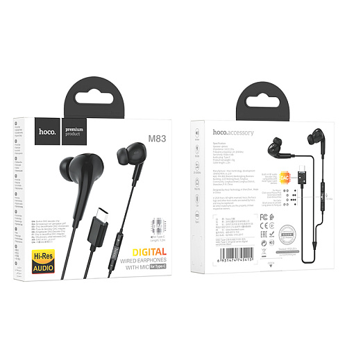 Проводные наушники M83, Type-C, Original series earphones, HOCO, вакуумные с микрофоном, черные