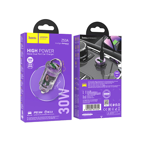 Автомобильное зарядное устройство, 1 USB 18W+1 PD 30W (Z53A), HOCO, фиолетовый с прозрачным