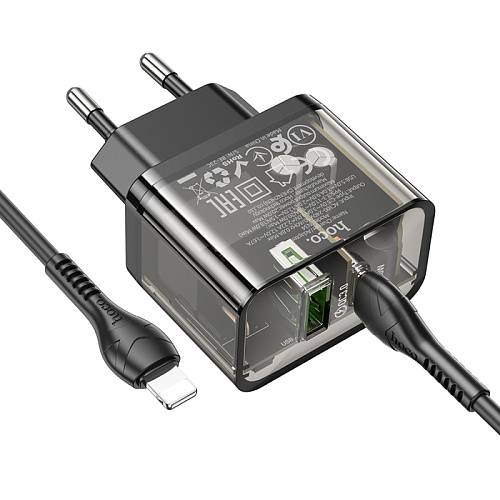 Сетевое зарядное устройство, 1 PD 20W + 1 USB 3.0 QC (N34), HOCO, Type-C to Lightning, прозрачный черный