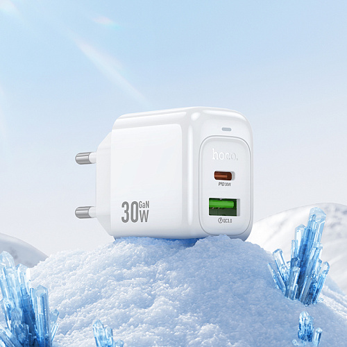 Сетевое зарядное устройство, 1 PD 30W + 1 USB 3.0 QC (CS55A), HOCO, Type-C to Type-C, белый