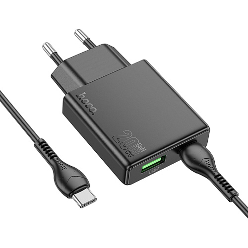 Сетевое зарядное устройство, 1 PD 20W + 1 USB 3.0 QC (N38), HOCO, Type-C to Type-C, черный