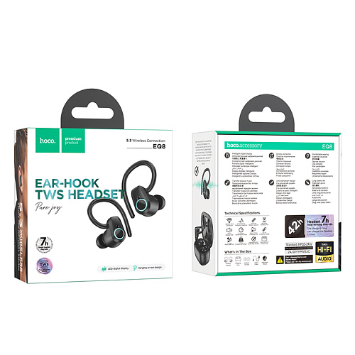 Беспроводные наушники EQ8, HOCO, наушники TWS с заушинами, черные