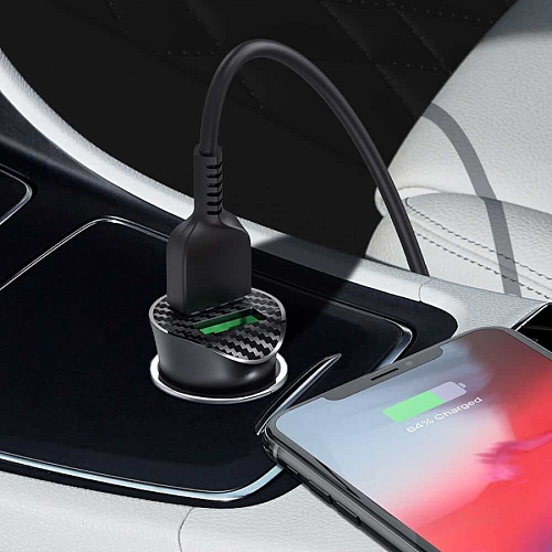 Автомобильное зарядное устройство, 2 USB 3.0 QC (Z39), 18W, HOCO, кабель Type-C, черный