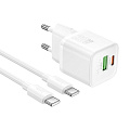 Сетевое зарядное устройство, 1 PD 20W + 1 USB 3.0 QC (N65), HOCO, Type-C to Type-C, белый