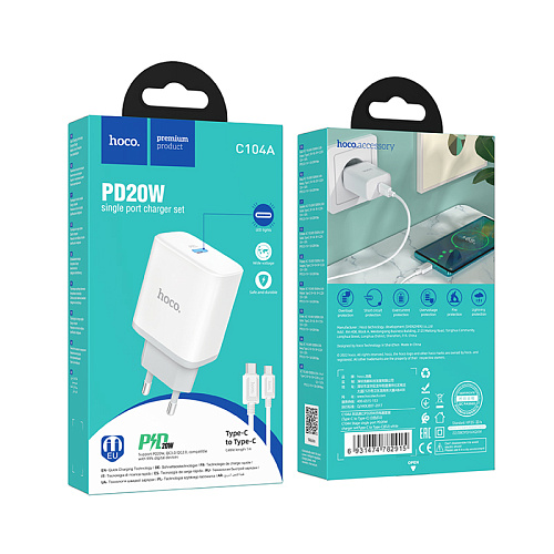 Сетевое зарядное устройство, 1 PD 20W (C104A), HOCO, Type-C to Type-C, белый