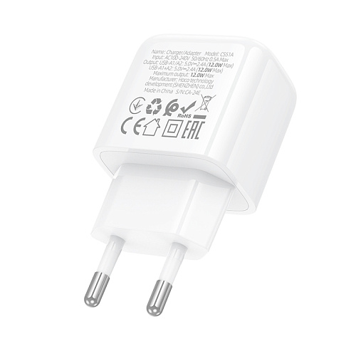 Сетевое зарядное устройство, 2 USB 2.4A (CS51A), HOCO, белый