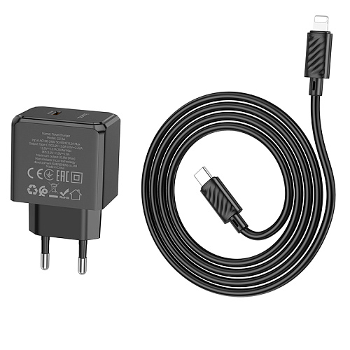 Сетевое зарядное устройство, 1 PD 20W (CS13A), HOCO, Type-C to Lightning, черный