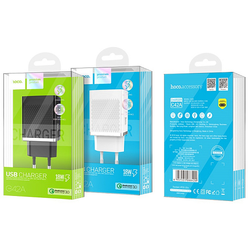 Сетевое зарядное устройство, 1 USB 3.0A (C42A), HOCO, черный