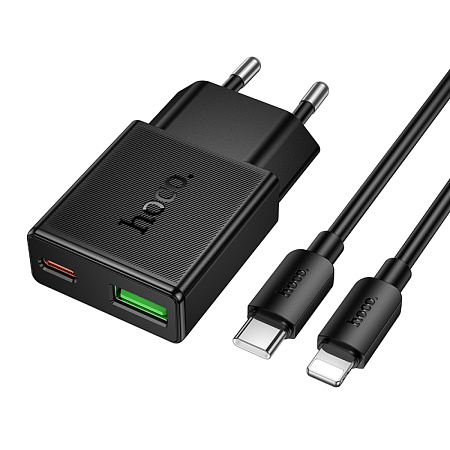 Сетевое зарядное устройство, 1 PD 20W + 1 USB 3.0 QC (N73), HOCO, Type-C to Lightning, черный
