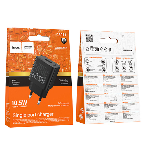 Сетевое зарядное устройство, 1 USB 2.1A (CS91A), HOCO, черный