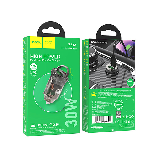 Автомобильное зарядное устройство, 1 USB 18W+1 PD 30W (Z53A), HOCO, черный с прозрачным